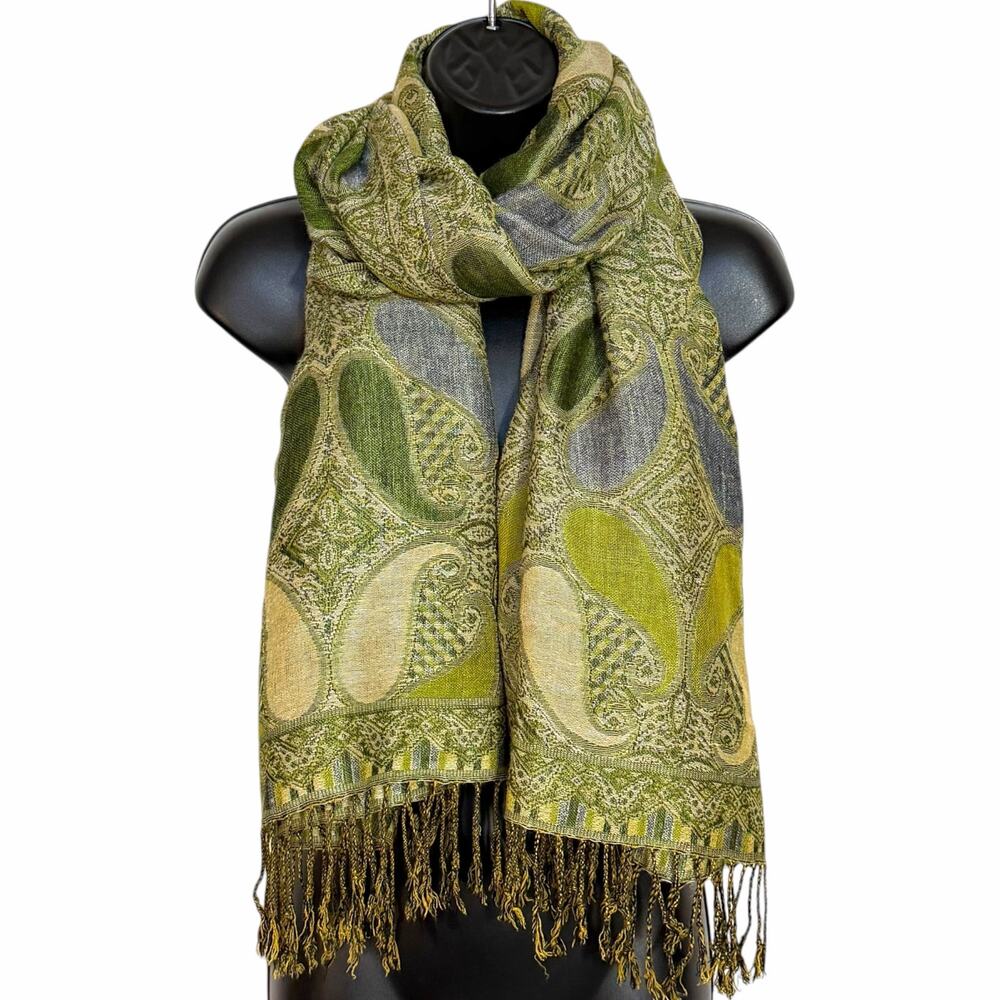 Silk Blend Paisley Pashmina Scarf Shawl Wrap Green Fringe Boho Festival Oversize